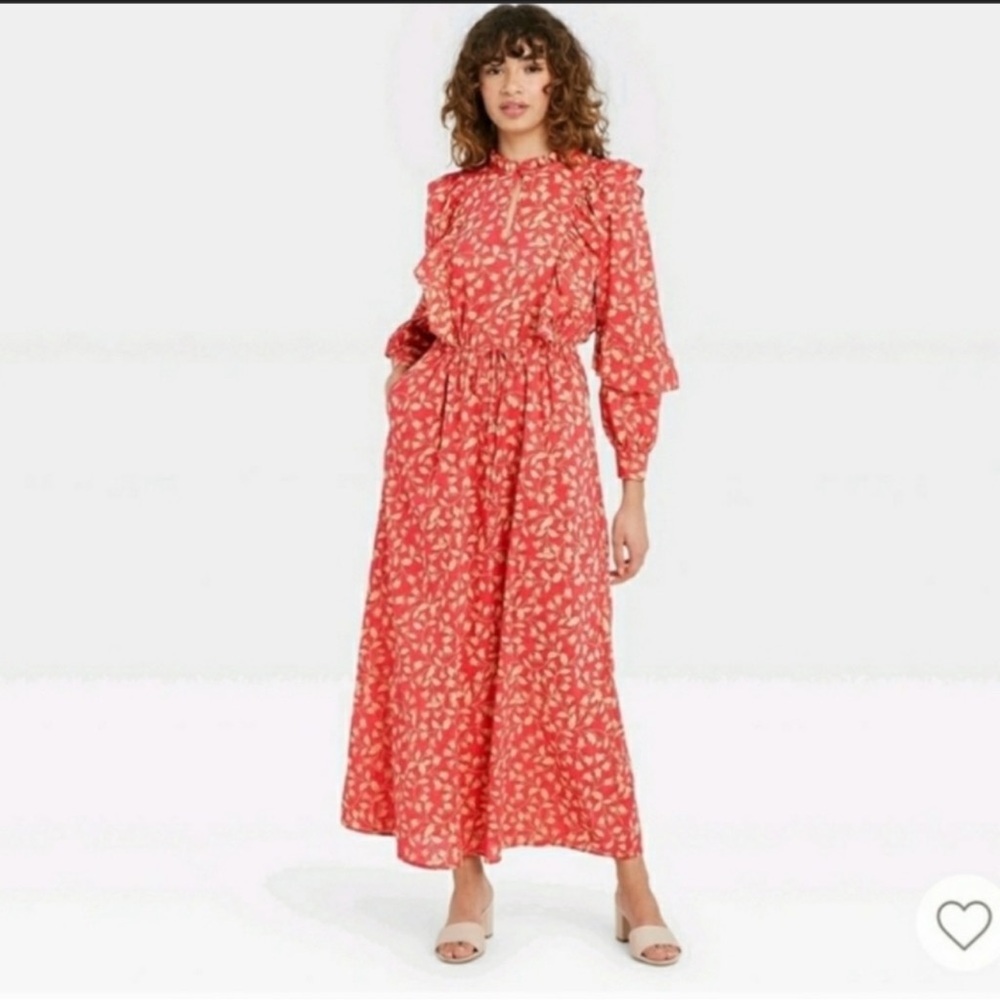 WHO WHAT WEAR Floral Red Ruffled Long Sleeve Maxi Dress